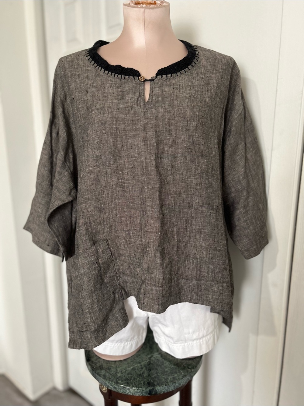 Mieko charcoal black Linen top with Black Trim
